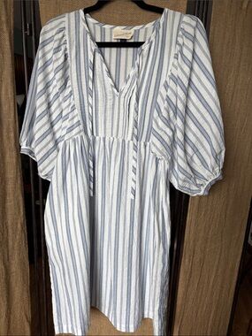 Universal Thread Blue White Striped Midi Dress Puffy Sleeve Size XS 100% Cotton